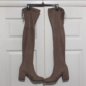 Over the Knee Block Heel Taupe Boots